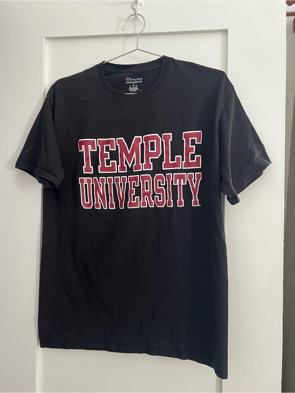Champion Black Temple University Crewneck Tee with Red & White Print